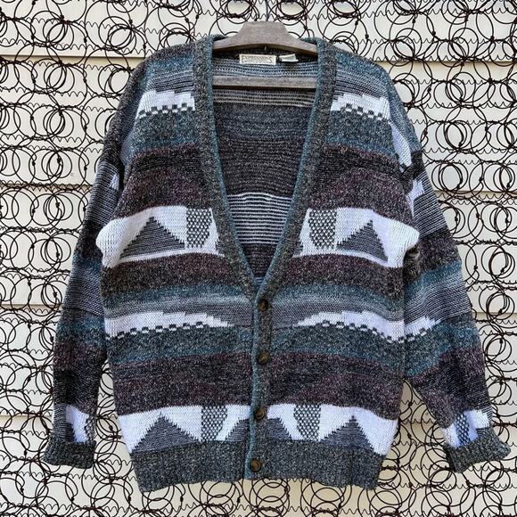 Vintage Expressions abstract mountains lakeside knit cardigan sweater - Picture 1 of 4